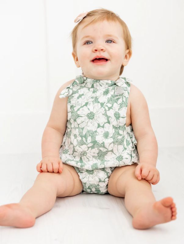 Yo Baby green floral ruffle bubble romper