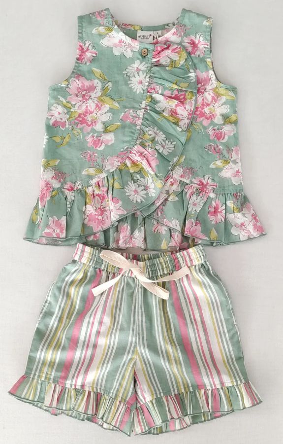 Yo Baby ruffle top &amp; short set- green floral