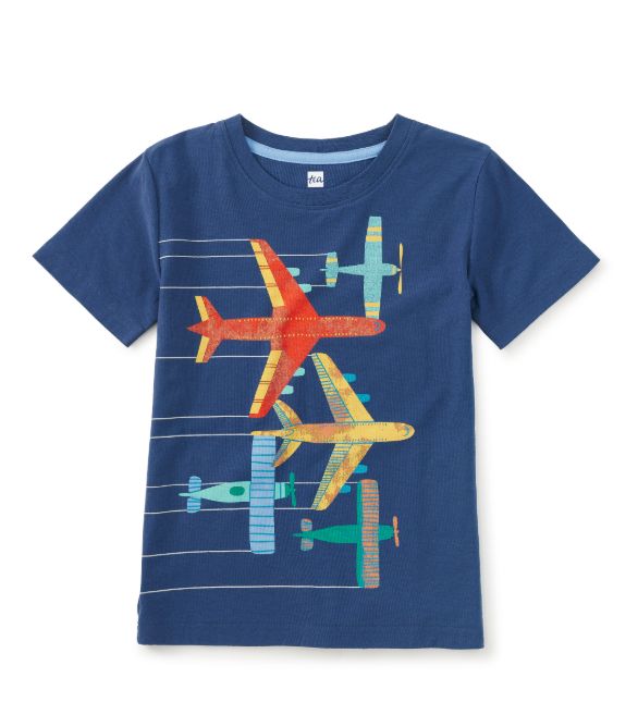 Tea Airplane Graphic Tee- Naval Blue