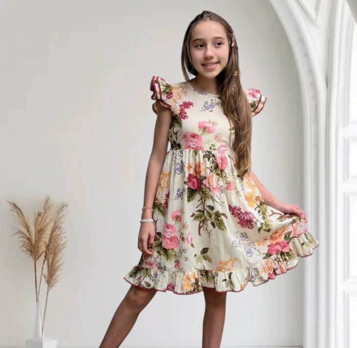 Yo Baby infant fluttr sleeve dress- beige floral