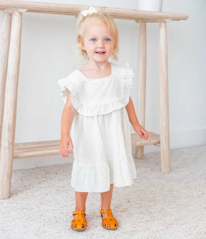 Yo Baby infant square neck dress- grey stripe