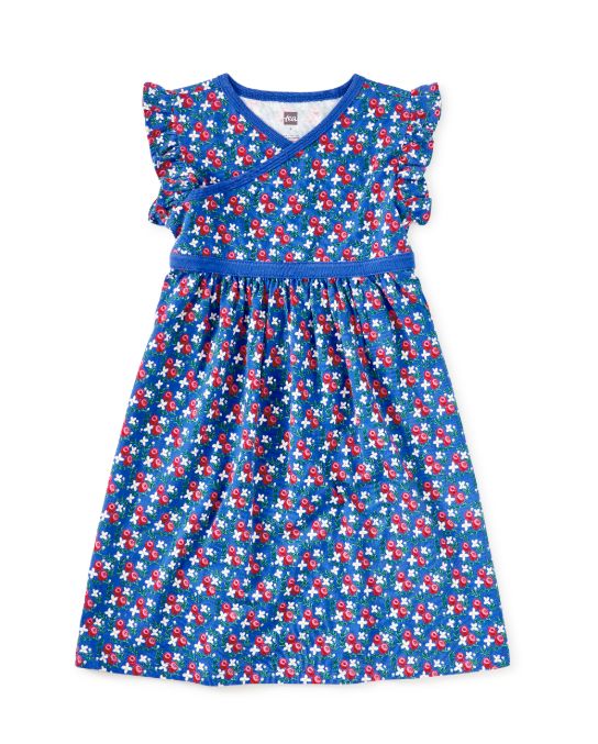 Tea Flamenco Fan Rose Wrap Neck Dress