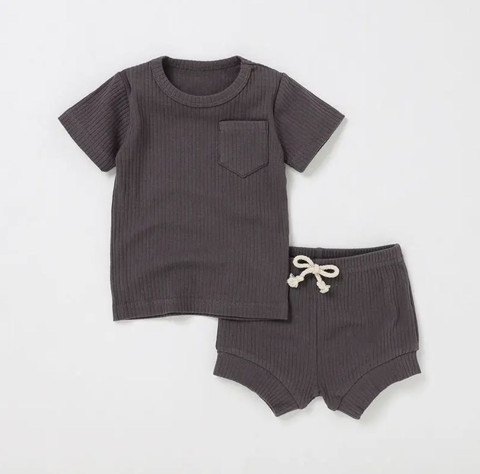 Casual Baby Rib Knit Short Set- charcoal brown