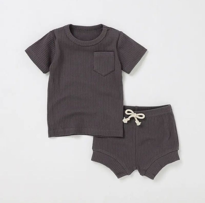 Casual Baby Rib Knit Short Set- charcoal brown