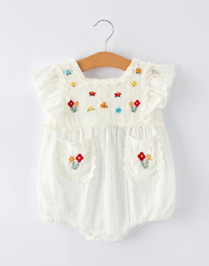 Rylee Floral Embroidery Romper- white