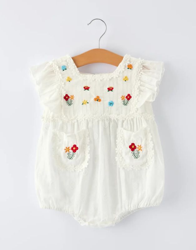 Rylee Floral Embroidery Romper- white