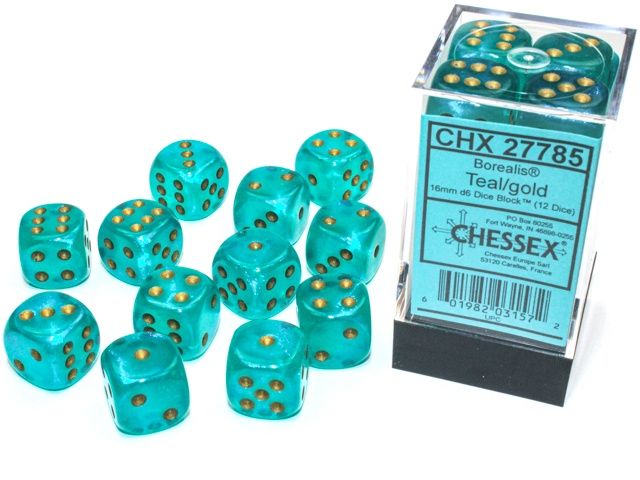 Chessex Borealis Teal/gold Luminary 16mm d6 Dice Block- 12 dice set