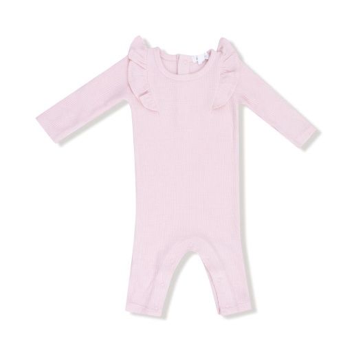 Basics - Veiled Pink - L/S Ruffle Romper, Size: 0-3M
