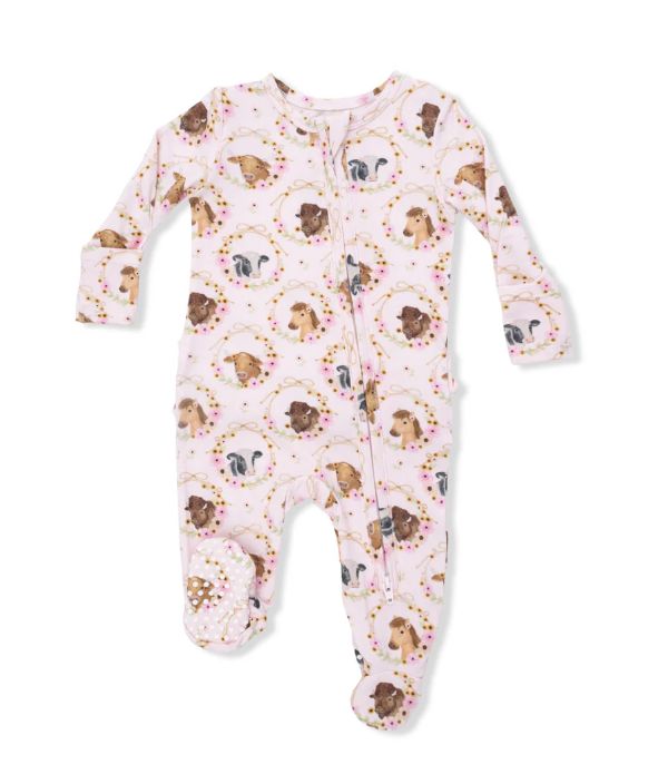 Angel Dear 2 Way Ruffle Back Zipper Footie- Farm Animal Floral Cameos