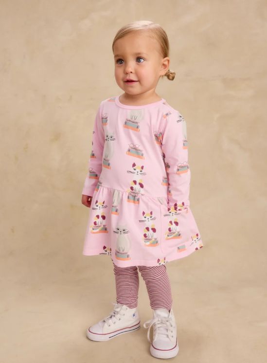 Tea Infant Bookshop Cats Long Sleeve Pocket Dress- Pink