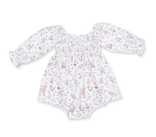 Angel Dear Enchanted Woodland Smocked LS Romper – Ivory