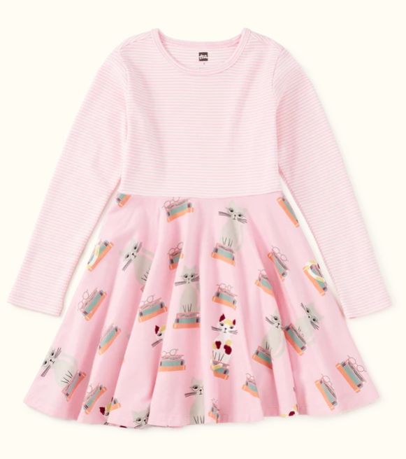 Tea Bookshop Cats Twirl Dress- Pink