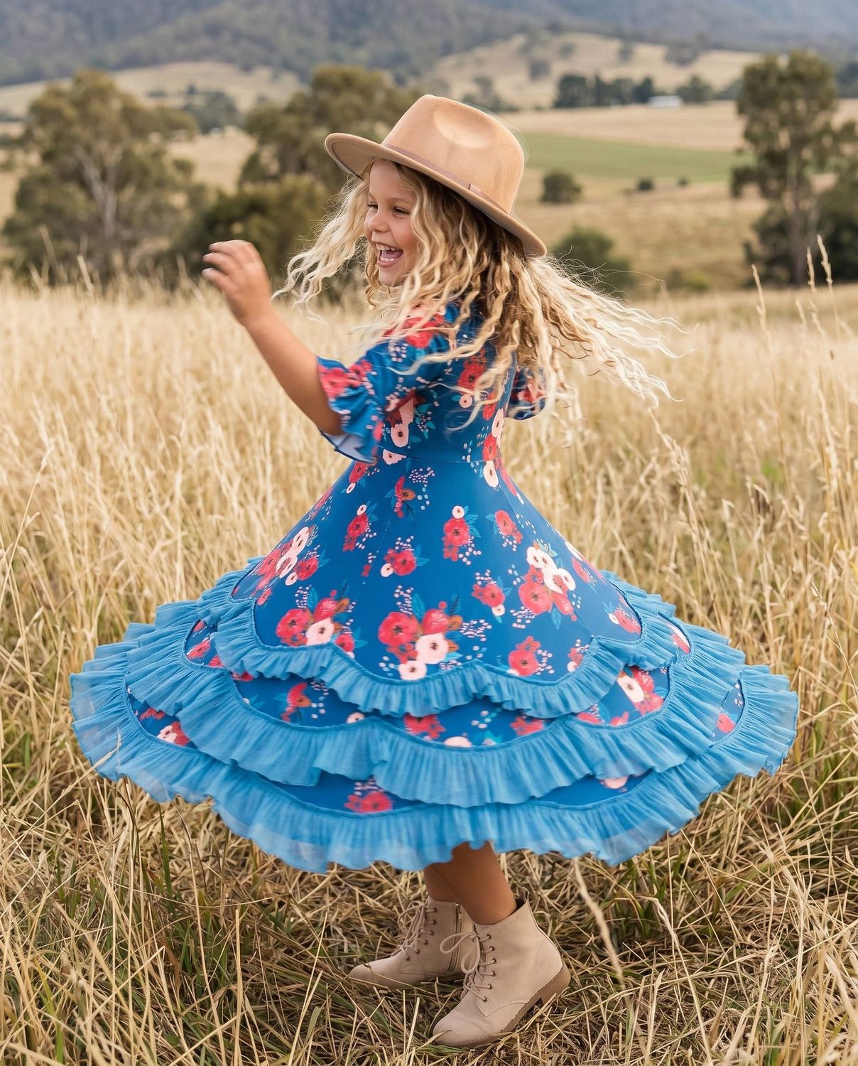 Girls Blue Sapphire &amp; Ruby Garden Twirl Ruffle Dress