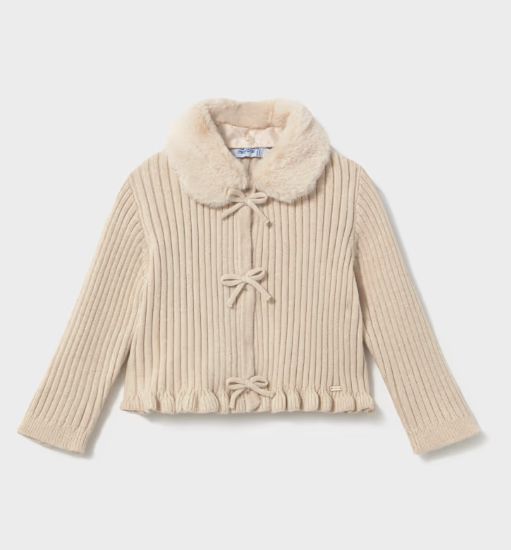 Mayoral Fur Collar Cardigan- Beige