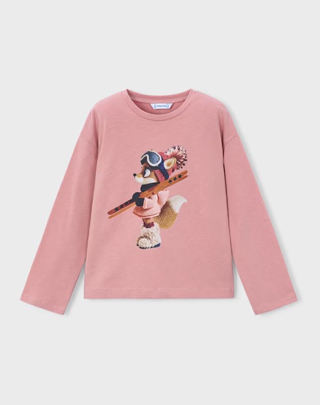 Mayoral Long Sleeve Fox Ski Tee- Pastel Pink