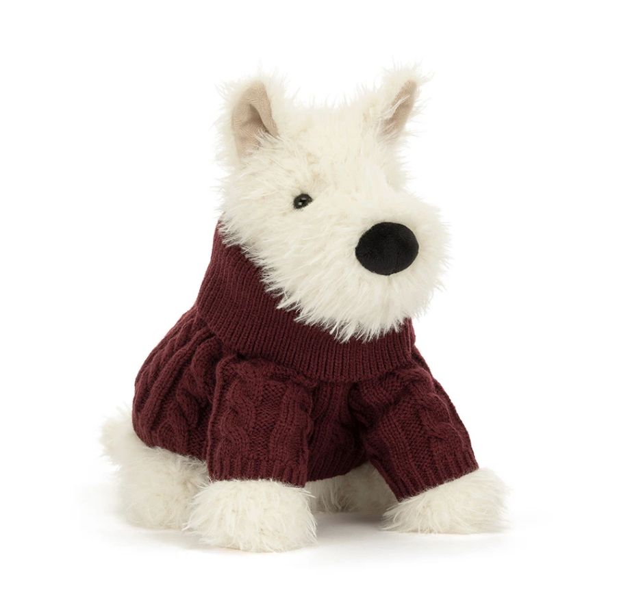 Jellycat Munro Scottie Dog in Winter Jumper Outfit- Burgundy