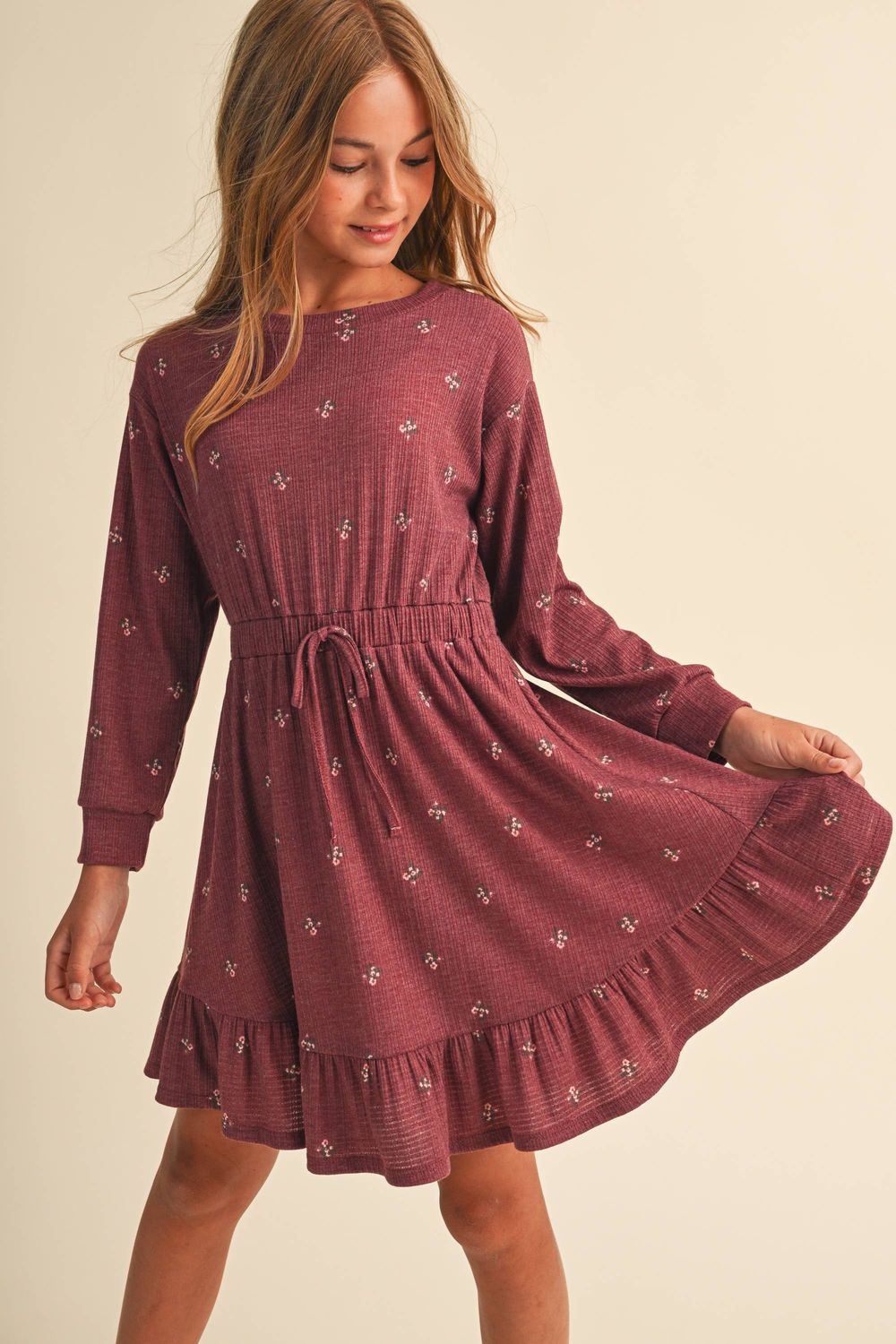 Heart &amp; Arrow Girls Knit Long Sleeve Dress- Burgundy, Size: 11/12