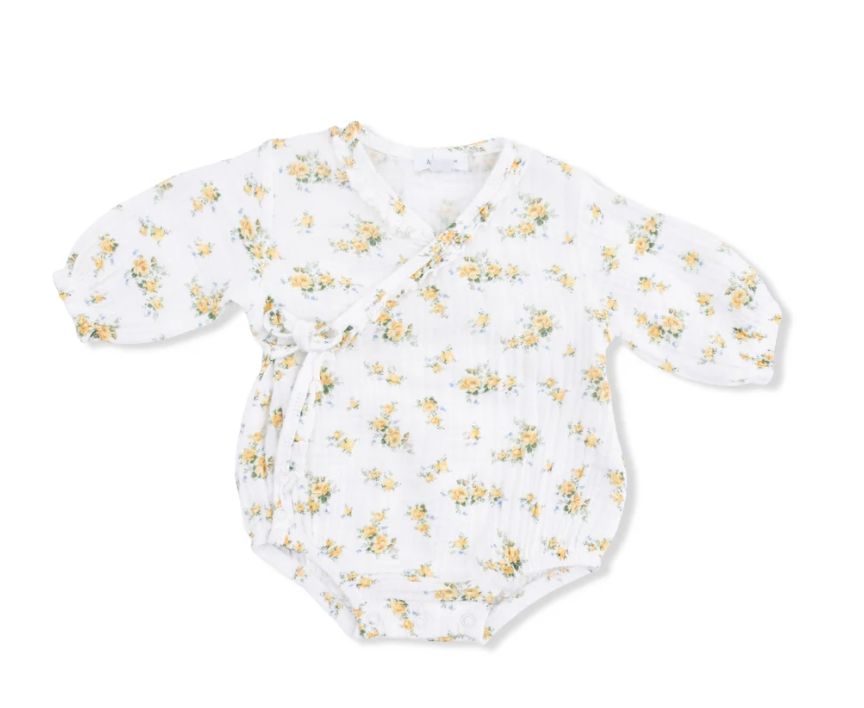 Angel Dear Long Sleeve Kimono Muslin Bodysuit- Yellow Roses