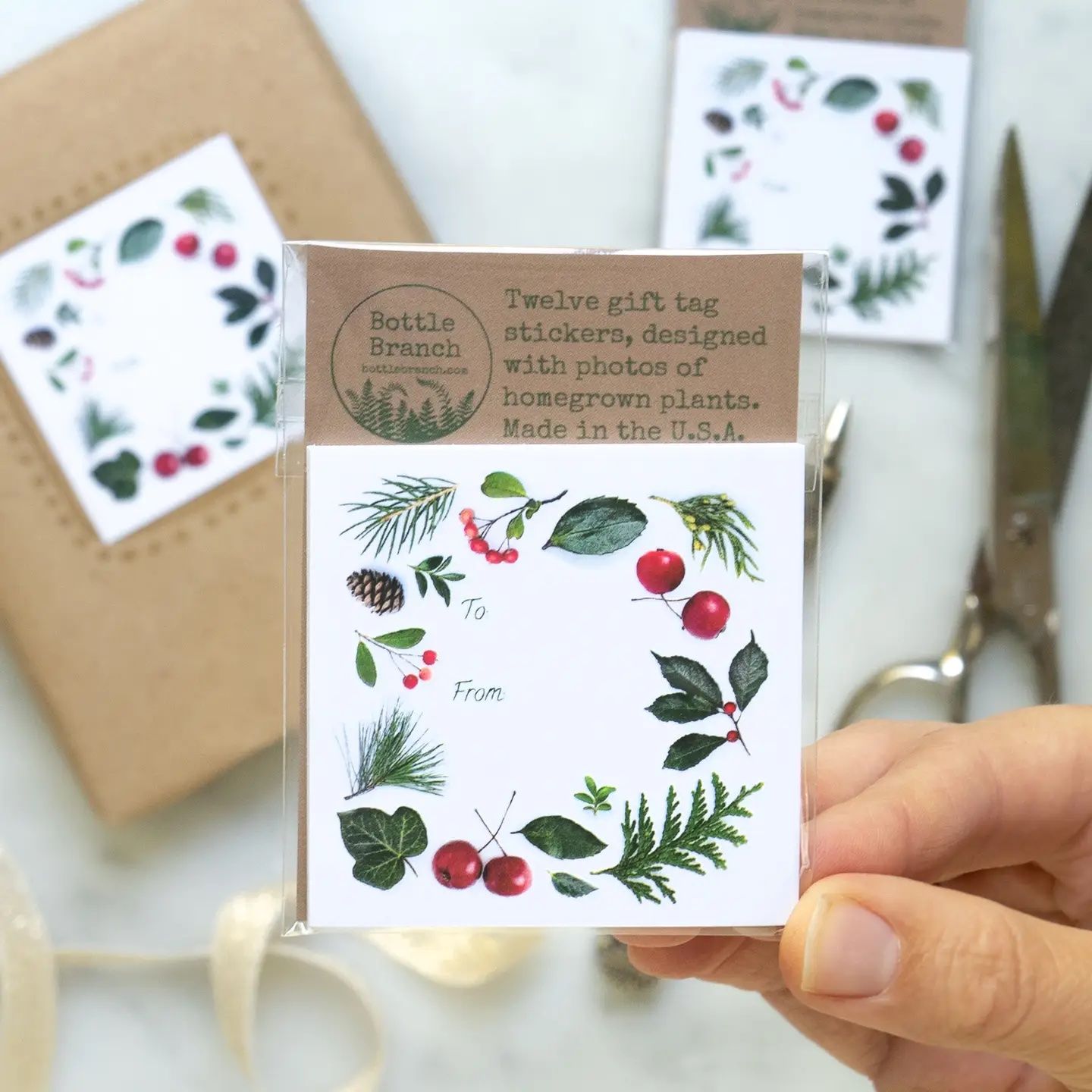Bottle Branch Sticker Gift Tags Evergreens and Berries
