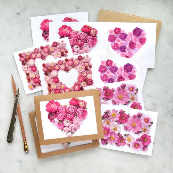 Card Set - Hearts and Pink Flowers