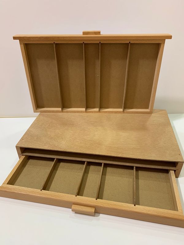 CAJA DE MADERA PARA PINTURA Y PINCELES 2 CAJONES