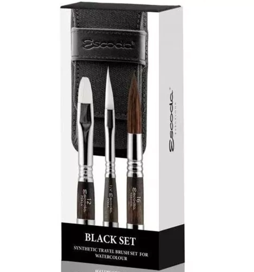 Estuche Petaca de tela con 3 Pinceles  Set Negro