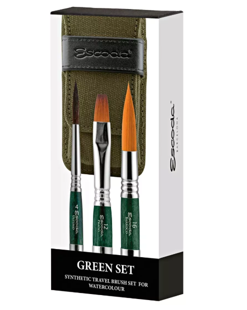 Estuche Petaca de tela con 3 Pinceles Set Verde Estuche Petaca de tela con 3 Pinceles Set Verde