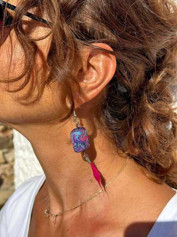 THALIA baha style polymer clay earrings. Multi color primary fucshia