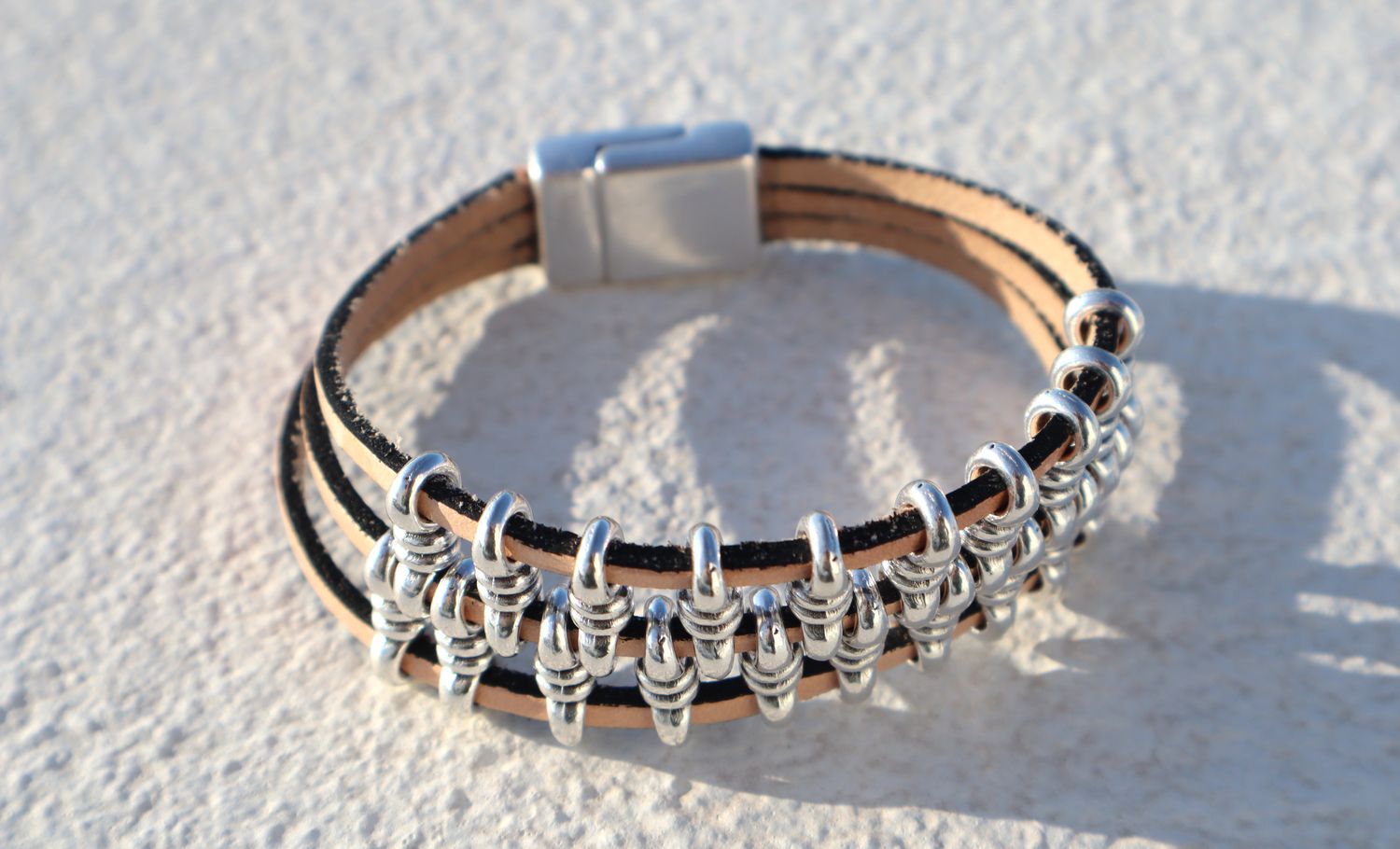 Handmade Men's Bracelet Harley Sand with Leather and Silver