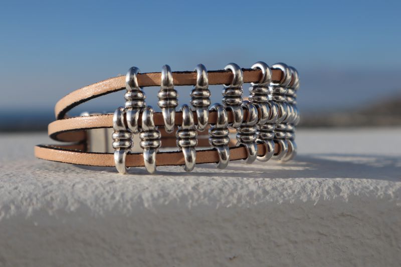 Handmade Men's Bracelet Harley Sand with Leather and Silver