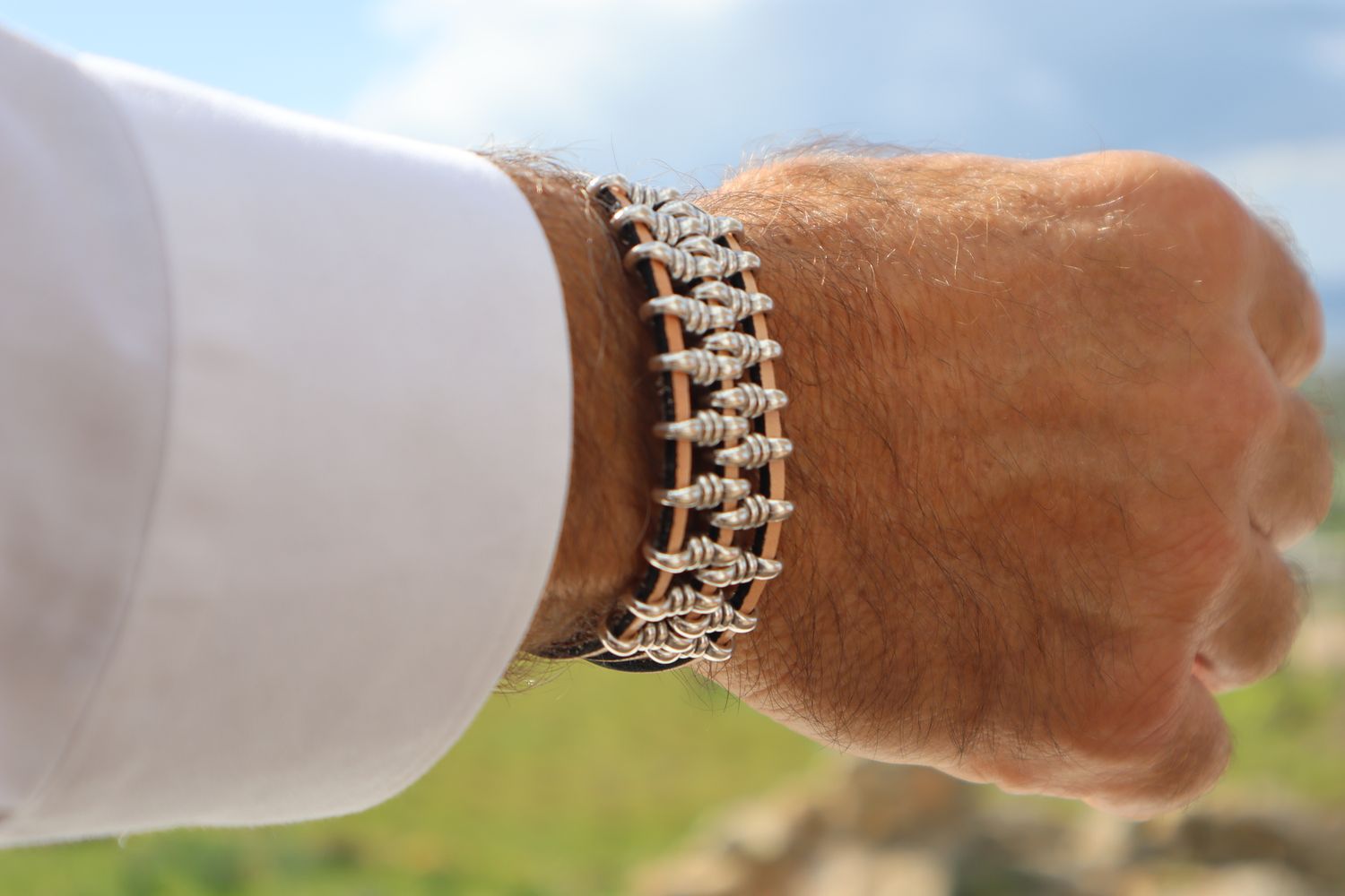 Handmade Men's Bracelet Harley Sand with Leather and Silver