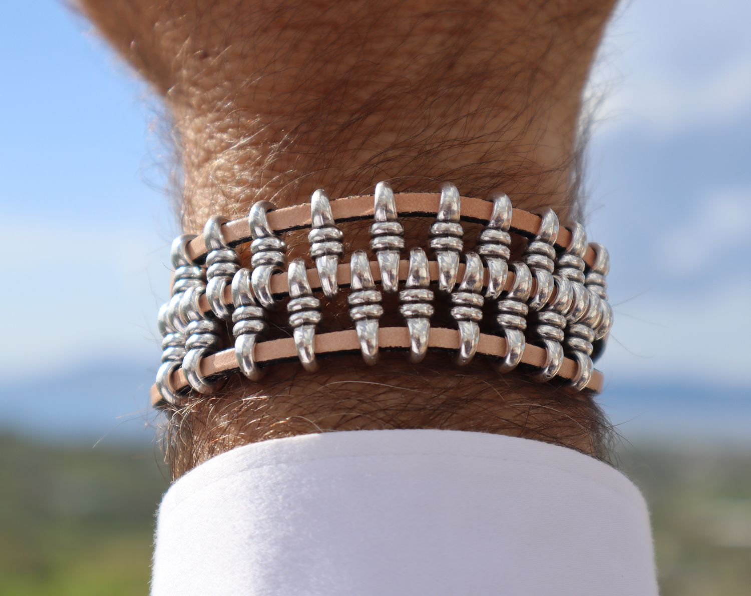 Handmade Men's Bracelet Harley Sand with Leather and Silver