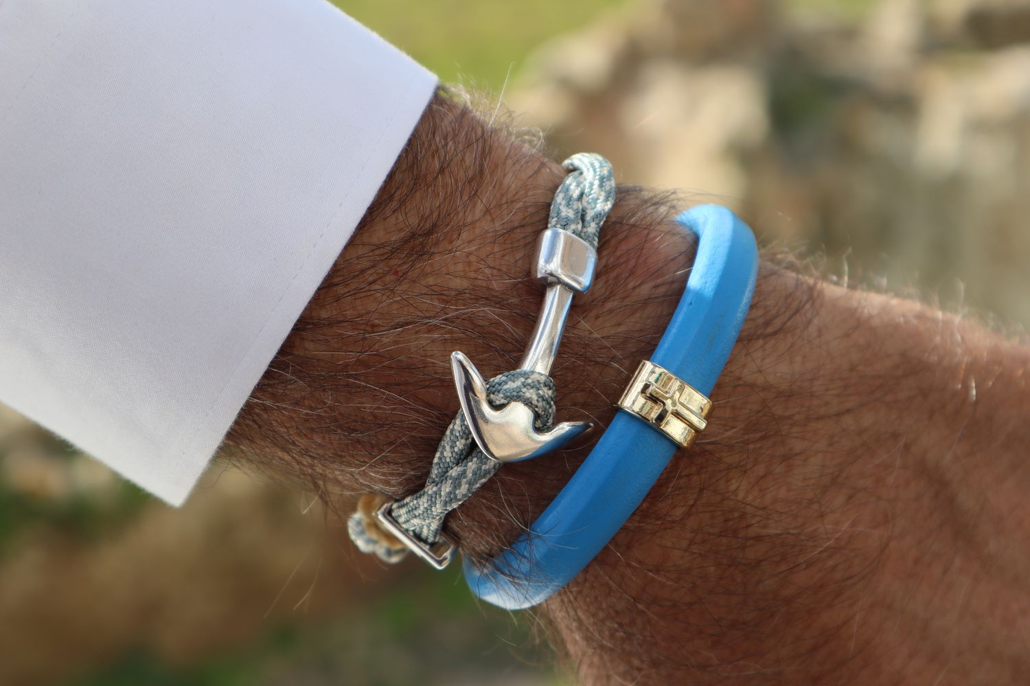 AEGEAN ocean blue leather men's bracelet with Zamak silver closure