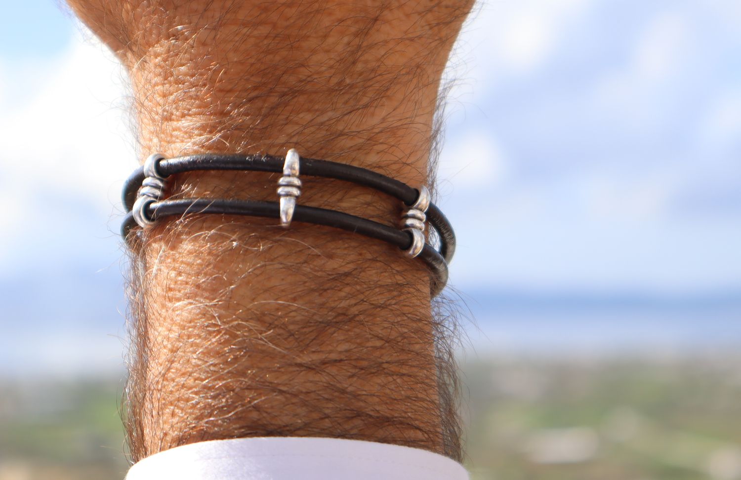 Handmade Men's Bracelet Aris with Black Leather Cord