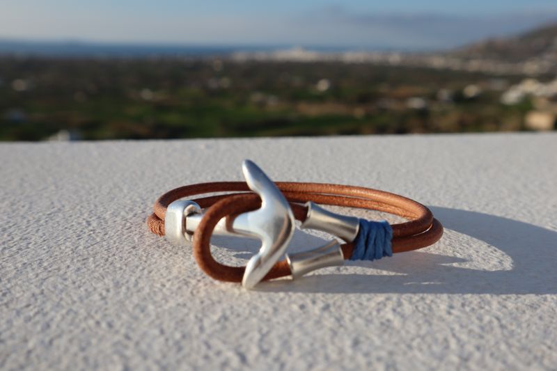 Handmade Men's Bracelet Syros with Leather and Anchor