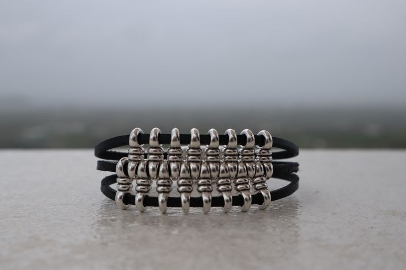 Handmade Men's Bracelet Harley Black with Leather and Silver