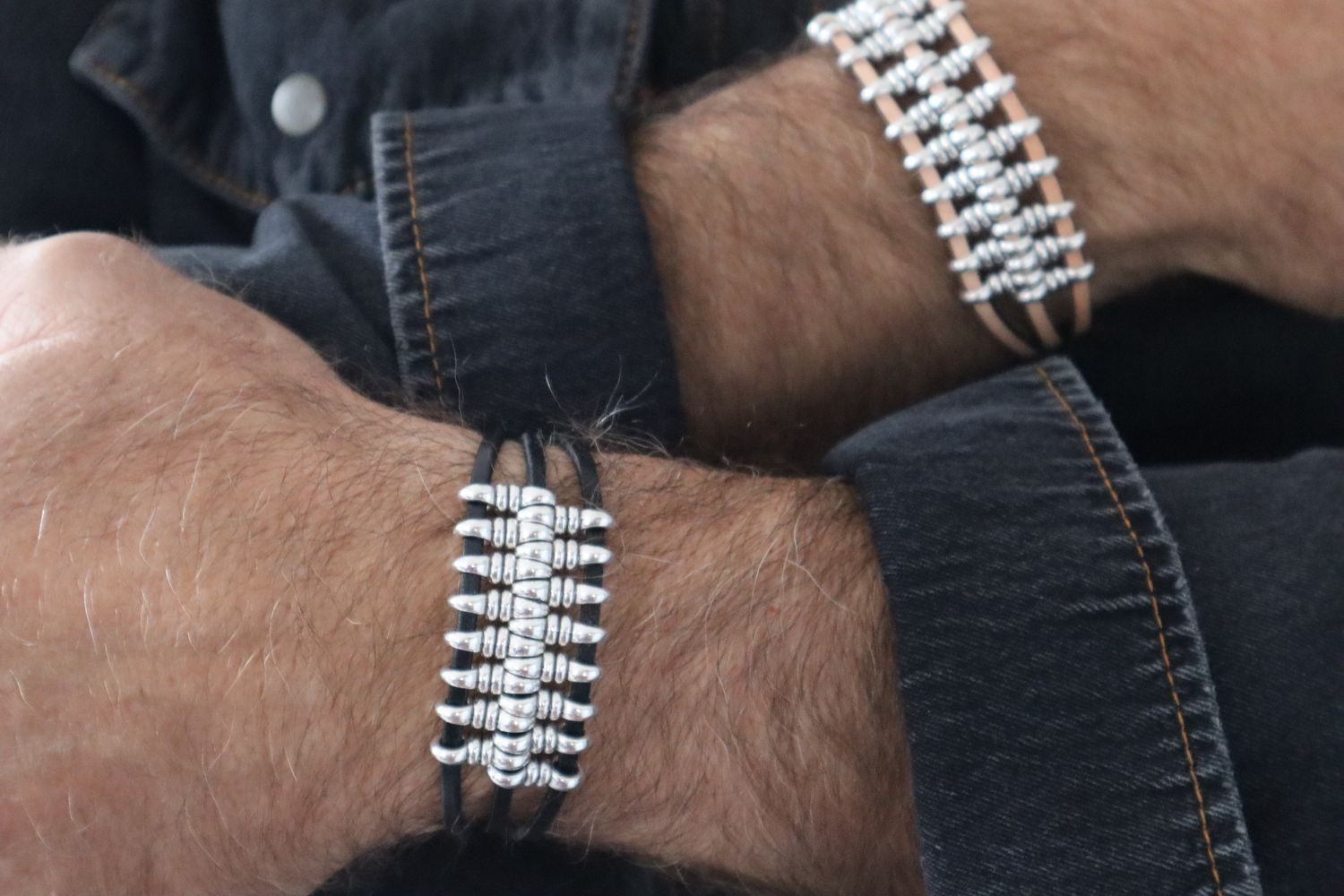 Handmade Men's Bracelet Harley Sand with Leather and Silver