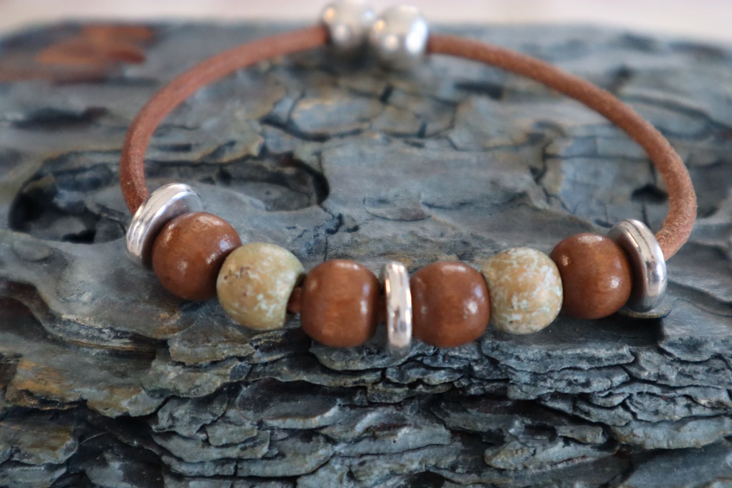 MIRTOS handmade natural earth-toned sand and brown bead men's bracelet with silver washers