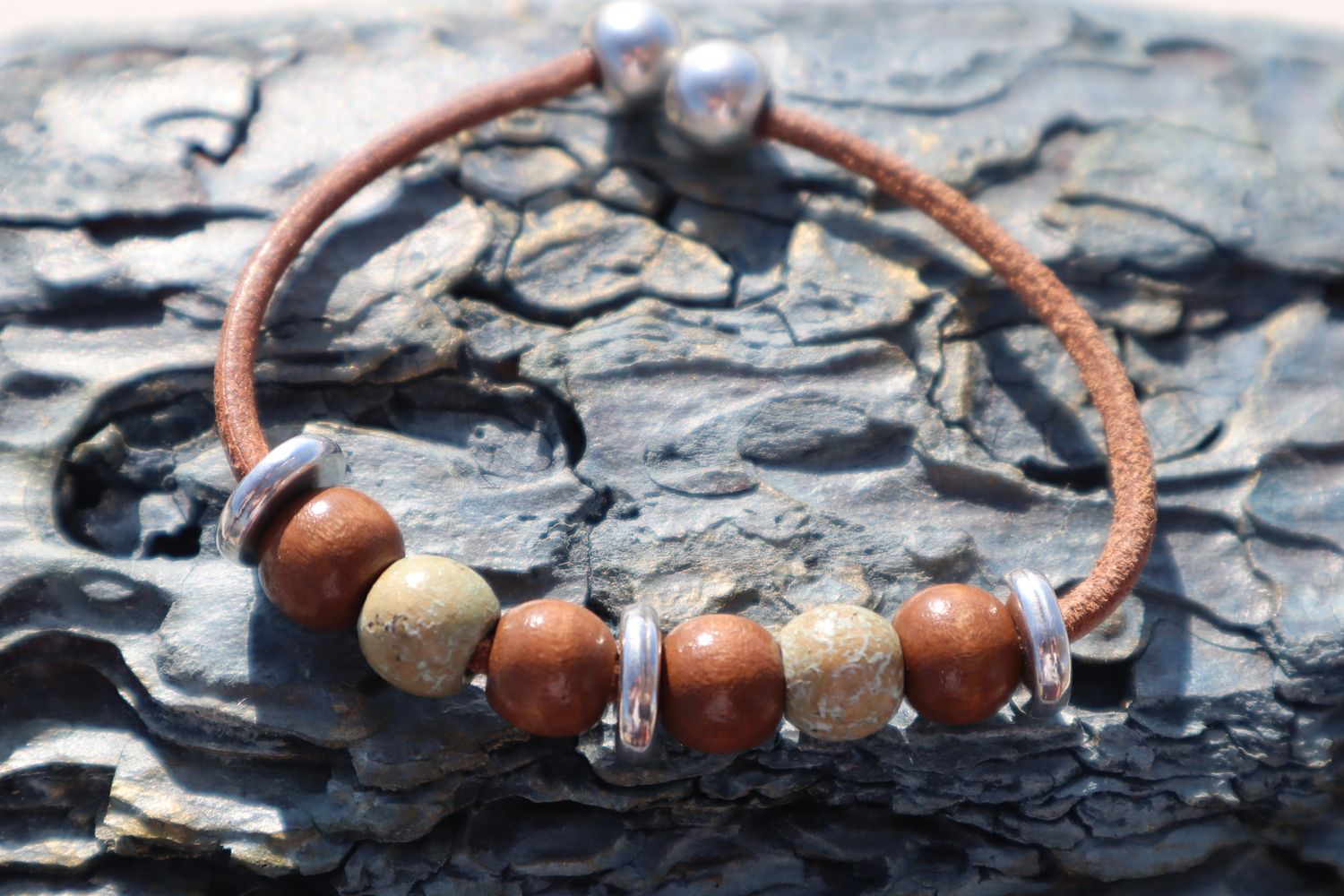 MIRTOS handmade natural earth-toned sand and brown bead men's bracelet with silver washers