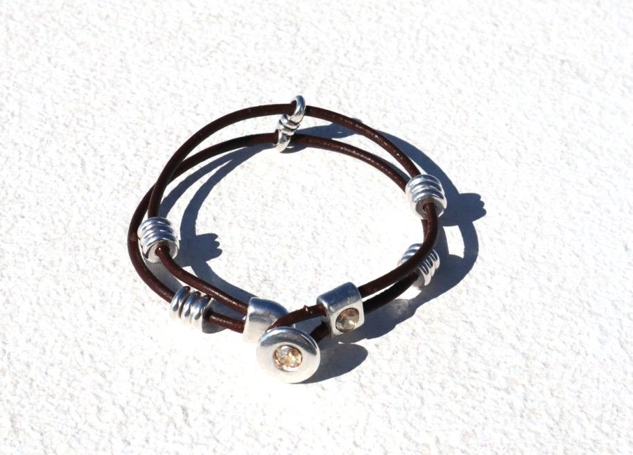 SPARTI handmade double-layered black cord and leather men's bracelet with silver elements and crystal-embellished