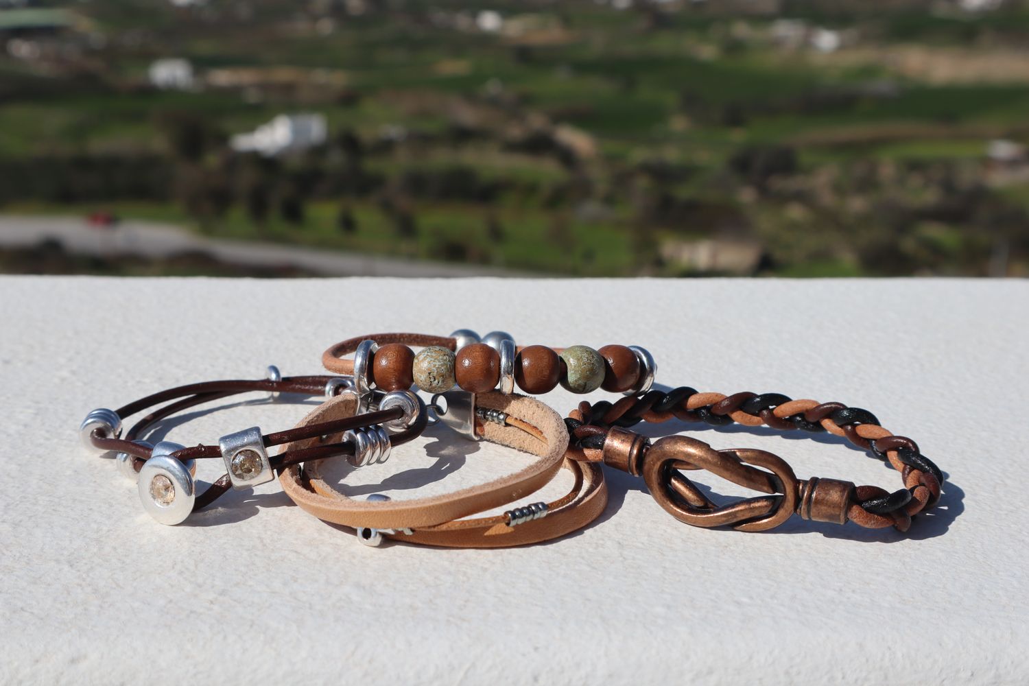 SPARTI handmade double-layered black cord and leather men's bracelet with silver elements and crystal-embellished