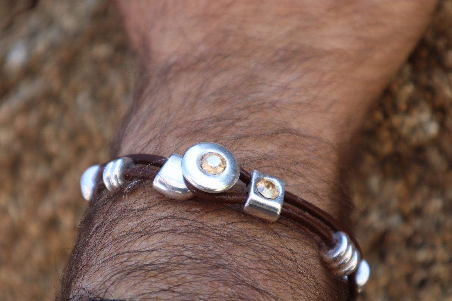 SPARTI handmade double-layered black cord and leather men's bracelet with silver elements and crystal-embellished