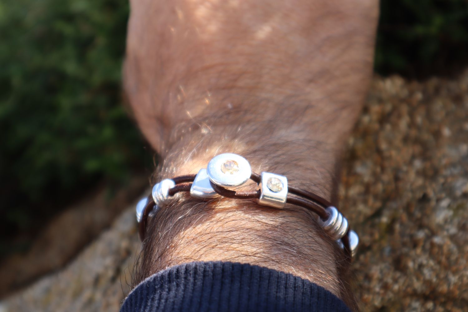 SPARTI handmade double-layered black cord and leather men's bracelet with silver elements and crystal-embellished