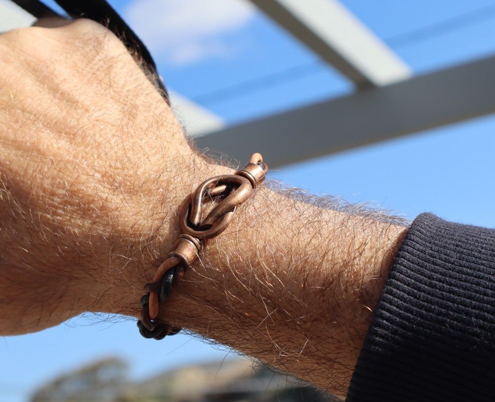 ACHILLES twisted black and brown leather men's bracelet with bronze color metal clasp