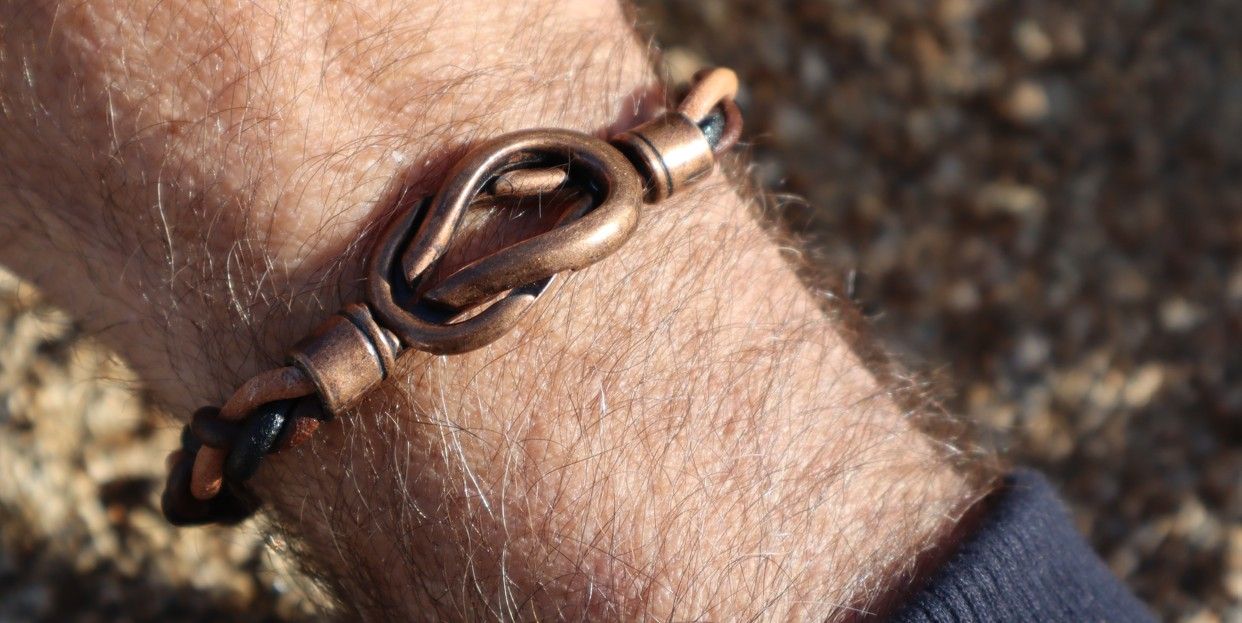 ACHILLES twisted black and brown leather men's bracelet with bronze color metal clasp