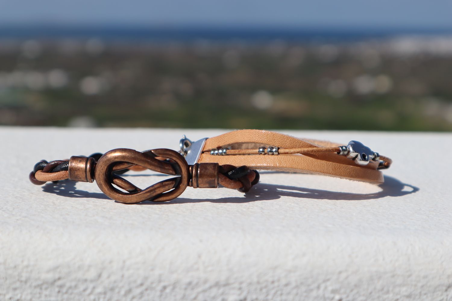 ACHILLES twisted black and brown leather men's bracelet with bronze color metal clasp