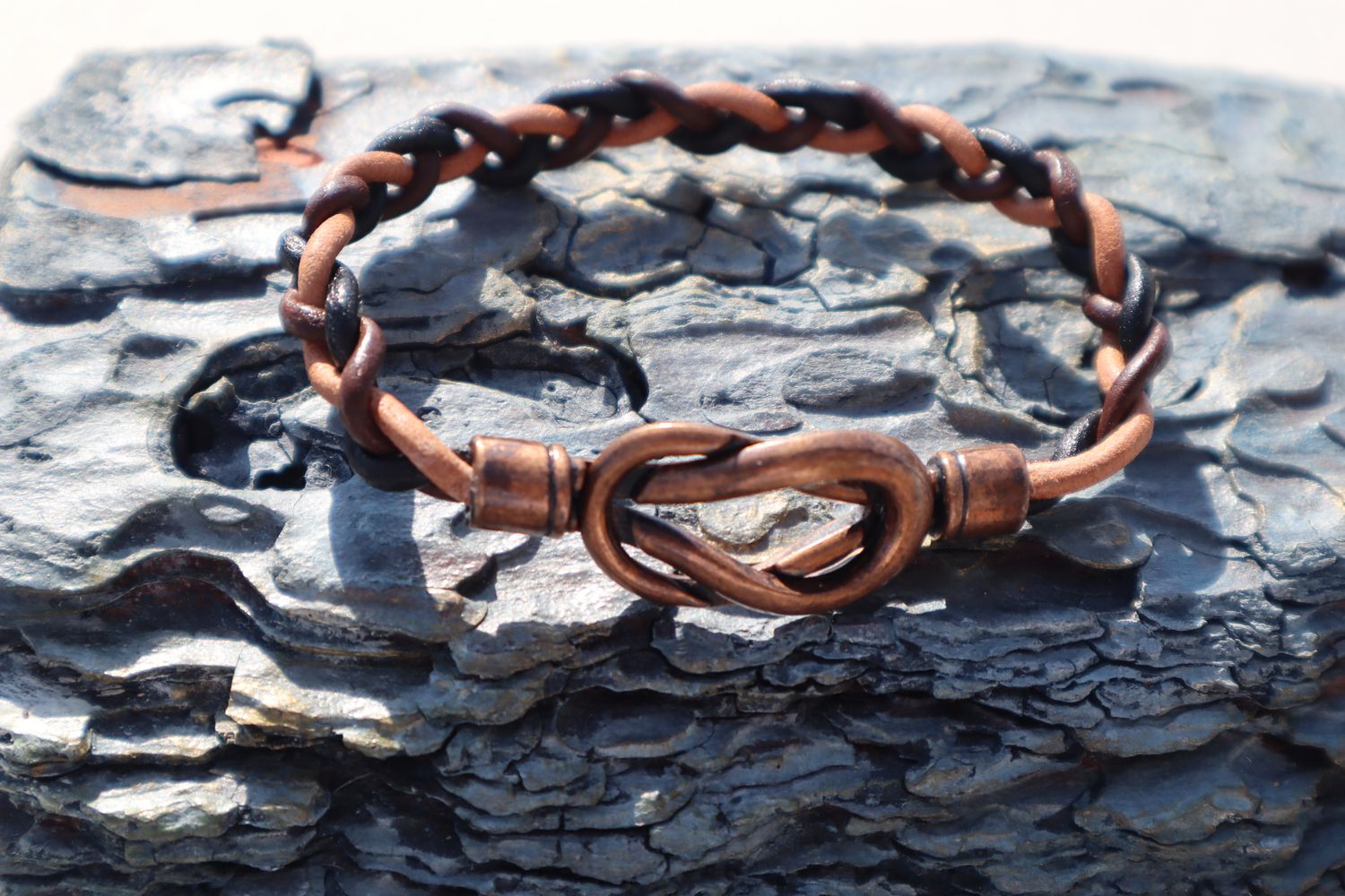 ACHILLES twisted black and brown leather men's bracelet with bronze color metal clasp