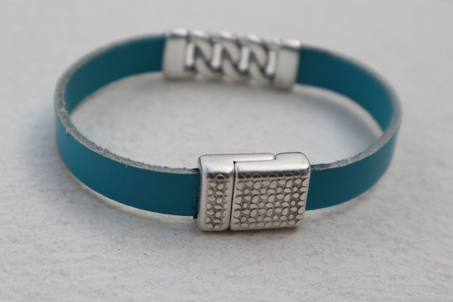 CYCLADES  handmade Aegean blue leather bracelet with elegant silver design element and magnetic silver closure