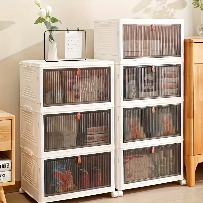 1pc Large Collapsible White PP Plastic Clutter Organizer With Wheels, 3 Tier Clear Stackable Shoe Display Box