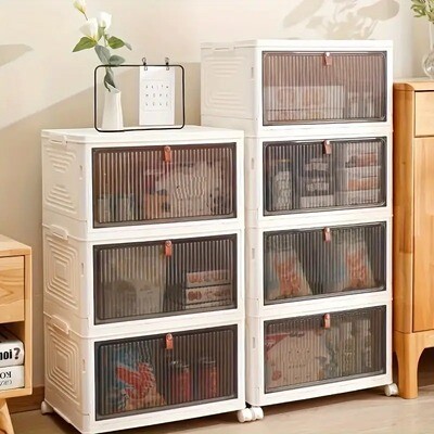 1pc Large Collapsible White PP Plastic Clutter Organizer With Wheels, 3 Tier Clear Stackable Shoe Display Box